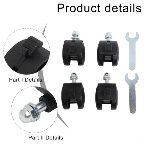 Four black omni-directional caster wheels with brakes for electric oil heater; 40x30mm, 8mm thread, includes bolts, washers and wrenches
