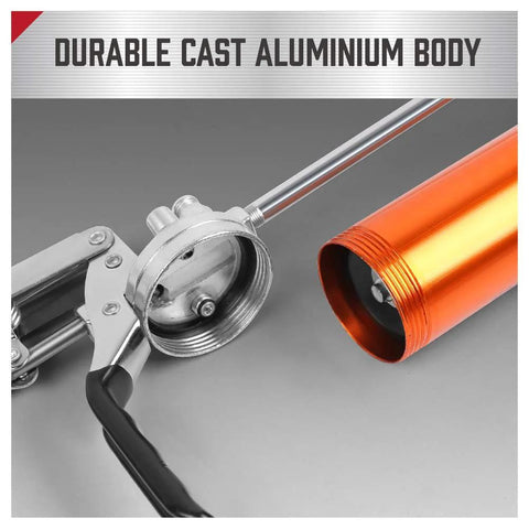 Side view of HORUSDY heavy-duty grease gun with orange 14oz grease cartridge