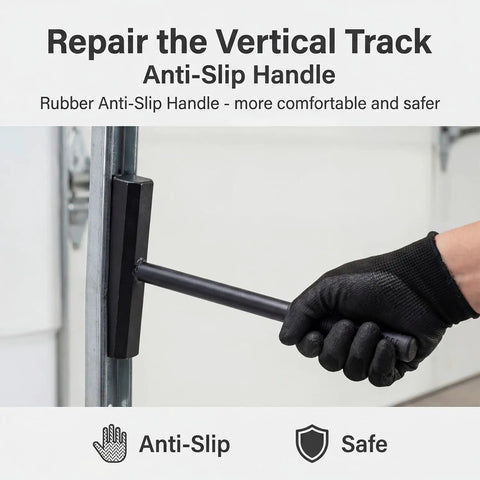 Rugged Heavy Duty Garage Door Vertical Track Repair Tool Set For 3-Inch Roller Track Systems rubber handle in use