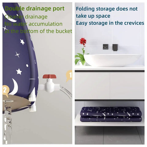 Foldable Portable Bathtub With Thickened Insulation And Double Drainage For Small Spaces, showing drainage port and folded storage in bathroom.