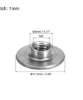 Dead Nuts Quality 12 Pack M6 Carbon Steel Tee Nuts with 8Mm Through Hole, showing dimensions and round base design.