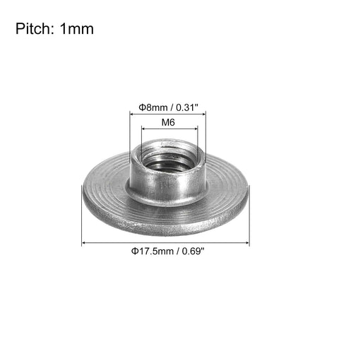 Dead Nuts Quality 12 Pack M6 Carbon Steel Tee Nuts with 8Mm Through Hole, showing dimensions and round base design.