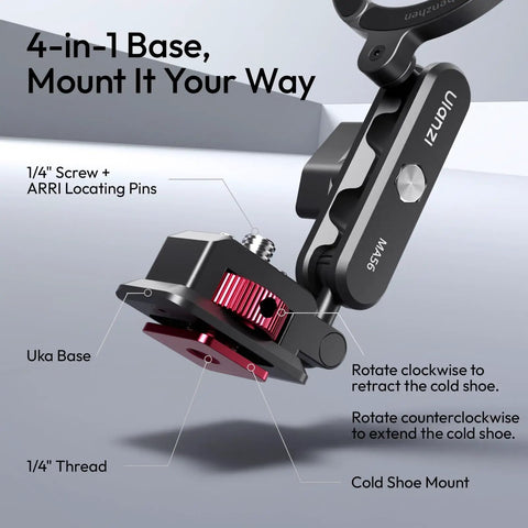 Side view of Aluminum Magnetic Phone Tripod Mount MA56 with 1/4 inch screw, Arca base and cold shoe for versatile mounting.