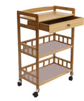 Heavy Duty Rolling Kitchen Cart With Drawer, Three Tier Bamboo Utility Island For Microwave And Coffee Station, smooth-ride swivel wheels.
