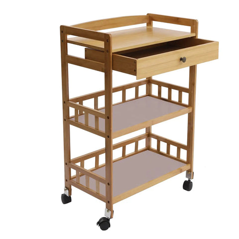 Heavy Duty Rolling Kitchen Cart With Drawer, Three Tier Bamboo Utility Island For Microwave And Coffee Station, smooth-ride swivel wheels.