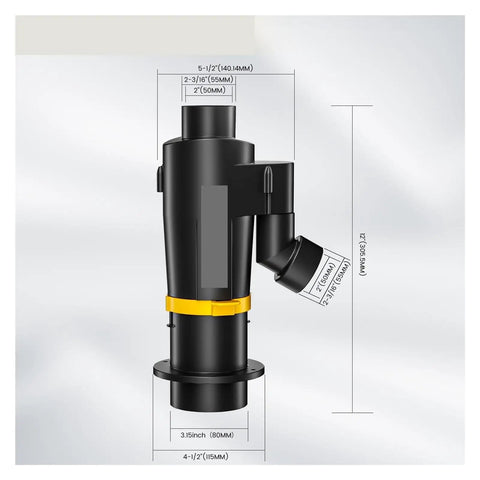 Heavy Duty Cyclone Separator Dust Collector With Dual Filter Elements And Serious Turbo Suction Vacuum Cleaner dimensions illustration showing size and fitting details