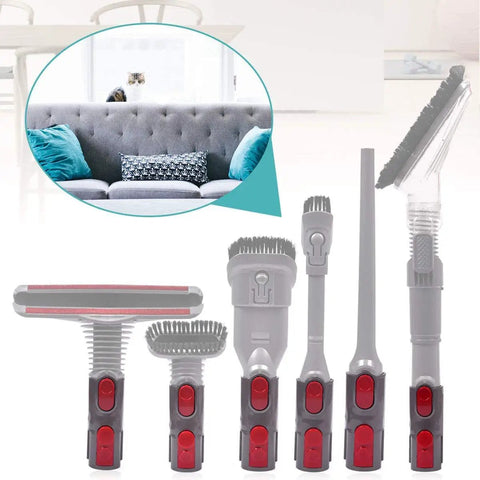 Six vacuum attachments with red buttons, including a brush head, compatible for Dyson V7-V11, shown near a cat on a couch.