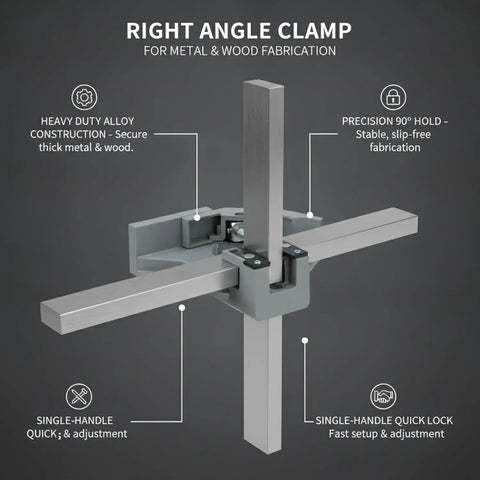 Heavy Duty 2.2 Lb Alloy Right Angle Clamp For Solid Workholding At Perfect 90 Degree Corners On Wood Or Metal Fabrication Projects With Lock Handle, gray metal construction.