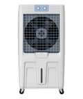 Portable Evaporative Air Cooler With Three Speed Settings And Ultra Quiet Motor For Home Office Or Garage Use, front view, compact white design.