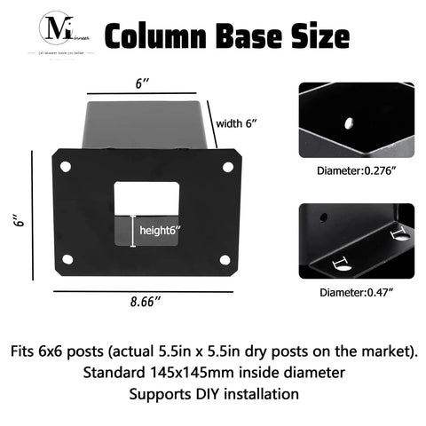 Detailed view of black 8 Pack 6x6 Post Bases Real Size 5.5x5.5 Black High Strength Alloy for decks and gates installation