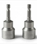 Two Piece Backup RV Jack Socket Drill Adapter with One Quarter Inch Quick Connect Hex Shank next to each other on white background