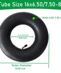 Two Pack Inner Tubes For 16x6.50-8 And 16x7.50-8 Tires With Bent Valve Stem Beefed Up Rubber For Extra Cushion displaying dimensions