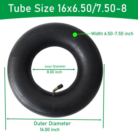 Two Pack Inner Tubes For 16x6.50-8 And 16x7.50-8 Tires With Bent Valve Stem Beefed Up Rubber For Extra Cushion displaying dimensions
