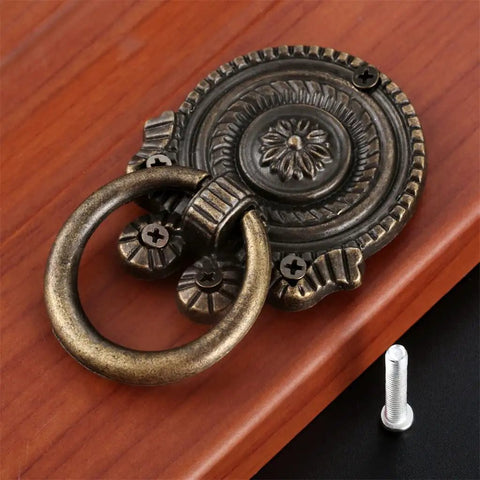 Antique Bronze Ring Pull Handles 2 Pack Single Hole Cabinet Door Knob For Drawers Cabinets And Cupboards Vintage Retro Hardware With Screws Easy Install Copper Alloy Construction on wood surface with screw visible