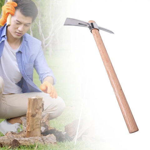 Stainless Steel Pickaxe Mattock For Gardening And Outdoor Work Handheld Tool with wooden handle next to person using it outdoors