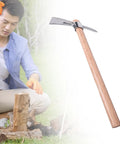 Man using All In One Garden Mattock And Pick Axe For Planting And Weeding Tasks With An Ergonomic Wooden Handle Great For Outdoor Projects