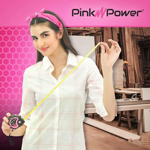 Woman using Pink Tape Measure 16 Ft For Womens DIY Tool Kit With Handy Retractable Blade And Lock Button Lightweight