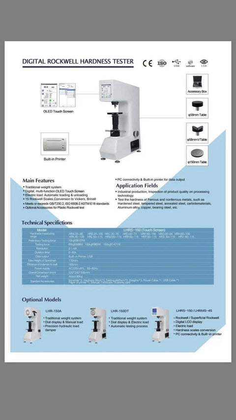 Heavy Hitter Digital Rockwell Hardness Tester Featuring Auto Load Touchscreen And Full Multi Scale Conversion showcasing specifications and features on display.