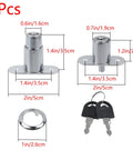 Rock Solid Zinc Alloy Push Plunger Cabinet Lock Set Keyed Alike Four Pack with dimensions, keys, and chrome finish shown.