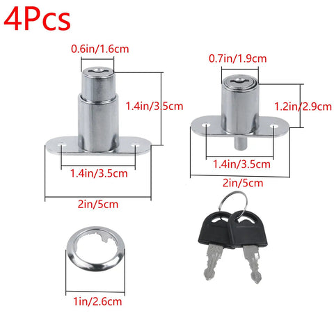 Rock Solid Zinc Alloy Push Plunger Cabinet Lock Set Keyed Alike Four Pack with dimensions, keys, and chrome finish shown.
