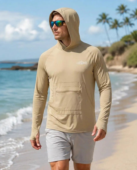 Man wearing Men's Ice Cool Silky Sun Protection Hoodie UPF 50 Plus Long Sleeve Rash Guard Shirt, sandy beach background