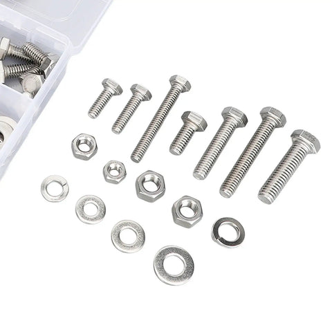 246 Piece Stainless Steel Hex Bolts Nuts And Washers Assortment Kit In Durable Storage Box For Household Appliances, Furniture, Doors, Garages, Outdoor Structures, And Automotive Maintenance. Stainless steel bolts, nuts, and washers shown