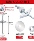 Heavy Duty Quarter Inch Toggle Bolt Kit For Drywall Butterfly Anchors With Screws Wing Nuts And Washers Solid Hollow Wall And Ceiling Mounts Holds Strong 12 Sets showing toggle bolt, washer, and nut.
