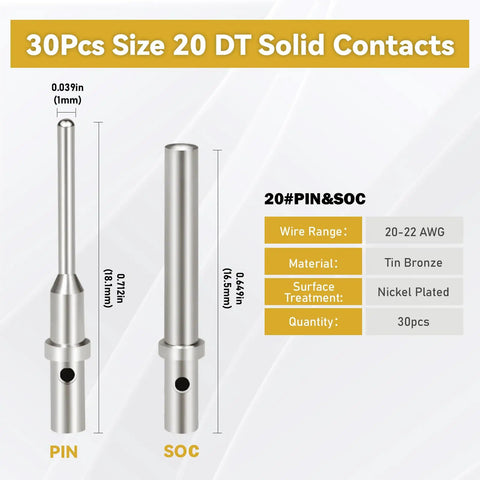 DT Series Connector Terminal Kit 200 Pcs Crimp Pins And Sockets Barrel Style For DT DTP DTM Connectors with dimensions and details