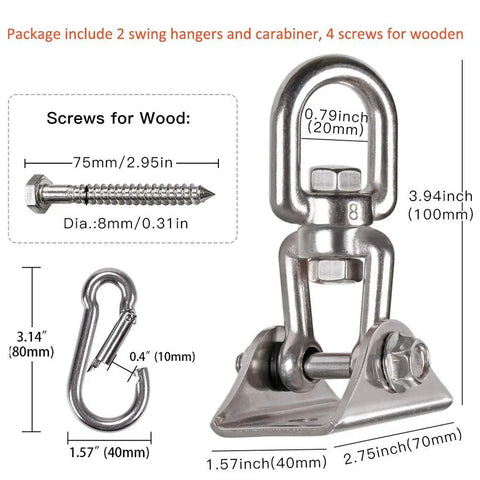 Two Pack Beefy Heavy Duty 360 Degree Swivel Hanger Set with screws and carabiner, stainless steel 304, for ceiling and wood
