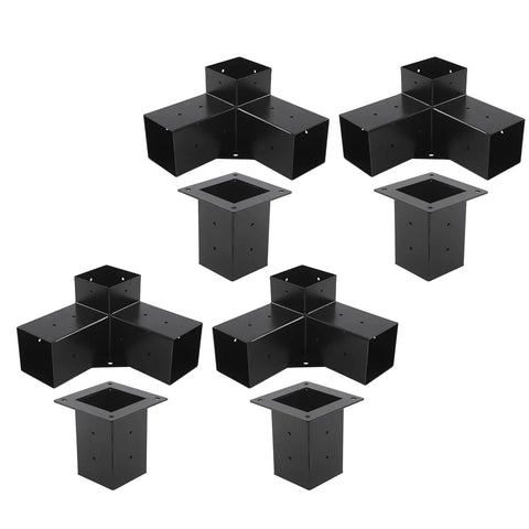 Heavy Duty Steel Bracket Kit For Elevated Wood Stand Outdoor Workbench 8 Piece Rustproof Hardware Set with black metal brackets.