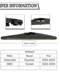 Heavy Duty Rear Wiper Blade Compatible With Chevy Equinox And GMC Terrain 2022 Through 2024 showing installation details and arm length.