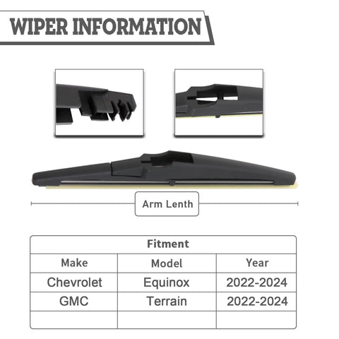 Heavy Duty Rear Wiper Blade Compatible With Chevy Equinox And GMC Terrain 2022 Through 2024 showing installation details and arm length.