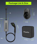 Level 2 Electric Vehicle Charger 40 Amp 9.6 Kw J1772 Connector dimensions with 25ft cord and portable bag display.