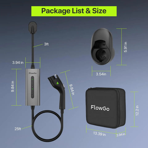 Level 2 Electric Vehicle Charger 40 Amp 9.6 Kw J1772 Connector dimensions with 25ft cord and portable bag display.