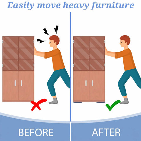 Self Adhesive PTFE Furniture Sliders 8 Pack Rectangle Glides Move Heavy Gear Smooth As Butter Chair Pads For Carpet And Hardwood Floors Zero Scuff Hassle Free Moving, before and after furniture moving illustration