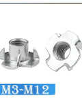 M3 to M12 Zinc Four-Claw T Nut Blind Inserts for Speaker Cabinets and DIY Furniture, wing nut style fasteners, carbon steel