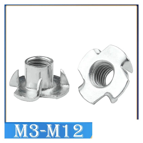 M3 to M12 Zinc Four-Claw T Nut Blind Inserts for Speaker Cabinets and DIY Furniture, wing nut style fasteners, carbon steel