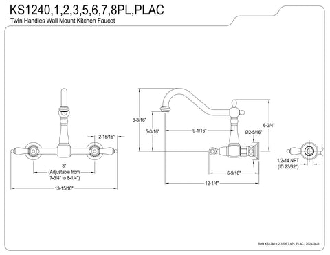 Heritage Wall Mount Bridge Kitchen Faucet In Oil Rubbed Bronze, 8 Inch Spread, engineering diagram showing dimensions and details