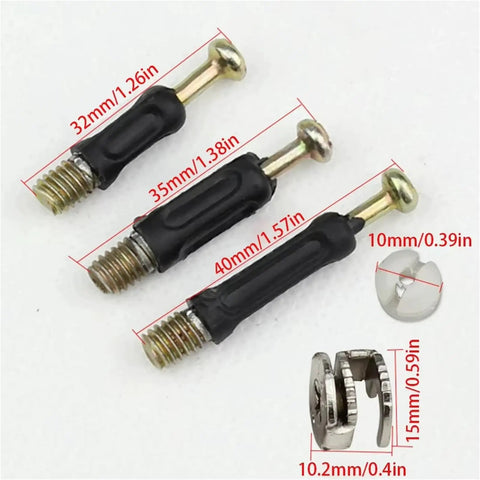 Three In One Furniture Connector Kit With Cam Locks Nuts Screws Dowels, different sizes with measurements shown.