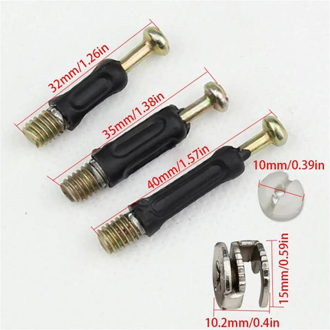 Three different sizes of dowels and cam lock parts from Durable Cam Lock Furniture Kit With Screws And Nuts, 100-Piece 3 In 1 Connecting Set.