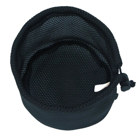 Nylon Mesh Camping Storage Bag For Pots And Utensils, Drawstring Organizer showing open black mesh design, lightweight travel sack.