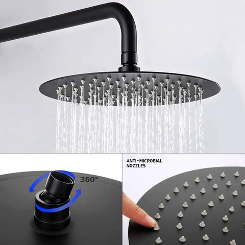 Close-up of Matte Black Round Rain Shower System with handheld and wall mount; slick brushed nickel finish, spa vibe showerhead.
