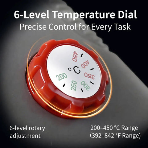 Close-up of 6-level temperature dial on 120W Soldering Gun Kit With 110V Power Six Level Adjustable Temperature From 392 To 842 Fahrenheit.