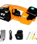 Portable Electric Strapping Machine For PP PET Steel Bands, orange color, includes battery and charging accessories, heavy duty tool for shipping.