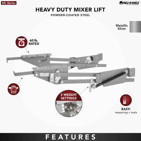 Hella Durable Heavy Duty Stand Mixer Lift For Kitchen Base Cabinets With Smooth Chrome Steel Slide Out Tray That Frees Up Counter Space And Organizes Appliances Fast, metallic silver powder-coated steel construction, rated for 60 lb load, showing detailed features.