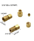 Six brass compression fittings, 1/8 FNPT to 3/16 OD, for oil, gas and non-potable water