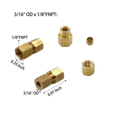 Six brass compression fittings, 1/8 FNPT to 3/16 OD, for oil, gas and non-potable water