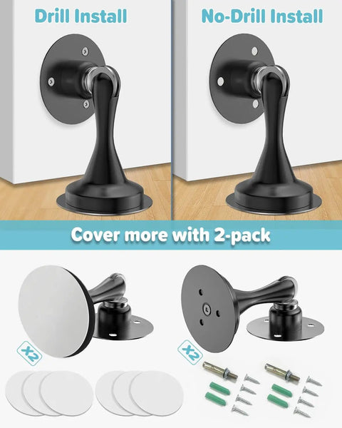 Magnetic Door Stopper 2 Pack Stainless Steel Heavy Duty Door Stops For Bottom Of Door Wall Or Floor Mounting With No Drill Adhesive And Screws Durable Door Holder To Keep Doors Open Safely, showing drill and no-drill installation options.