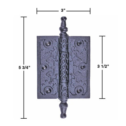 3.5 Inch Black Wrought Iron Cabinet Butt Hinge With Old School Victorian Steeple Tip Rust Resistant Flush Mount