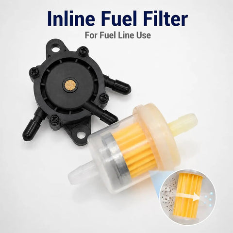 Hella Reliable Vacuum Fuel Pump With Integrated Filter For Small Engines And Golf Carts No Drama Gas Delivery For 17 To 25 Horsepower Motors, inline fuel filter with yellow paper element and black housing for fuel line use.